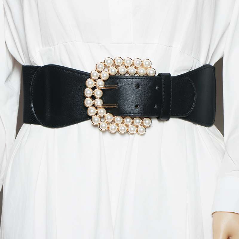 ベルト レディース ゴムベルト 真珠飾りバックルのウエストベルト