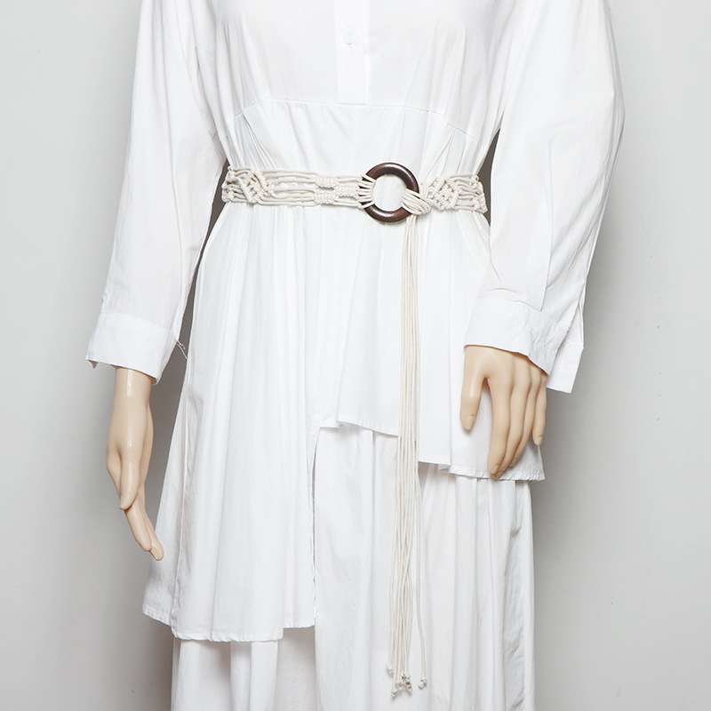 ベルト レディース メッシュベルト マクラメ編みウッドリングベルト