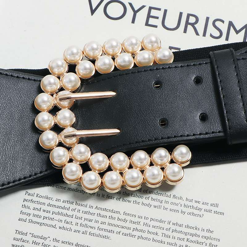 ベルト レディース ゴムベルト 真珠飾りバックルのウエストベルト