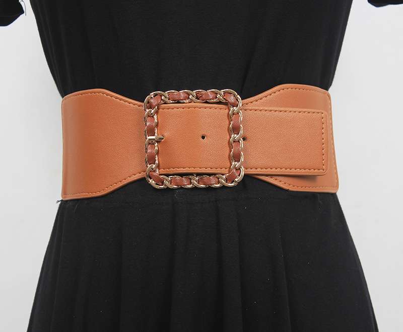 ベルト レディース ゴムベルト チェーン飾りスクエアバックルベルト