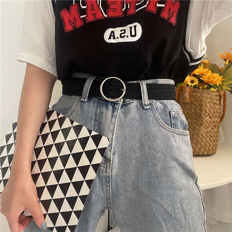 ベルト レディース メッシュベルト シンプル丸バックル編み込みベルト