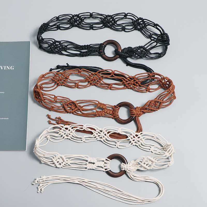 ベルト レディース メッシュベルト マクラメ編みウッドリングベルト