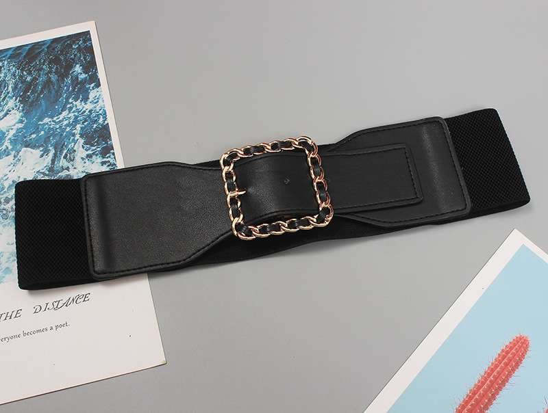 ベルト レディース ゴムベルト チェーン飾りスクエアバックルベルト