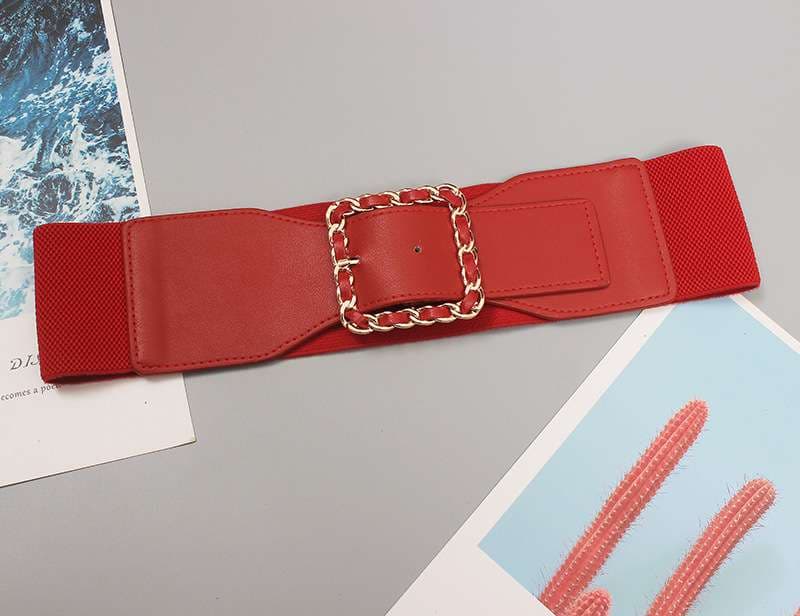 ベルト レディース ゴムベルト チェーン飾りスクエアバックルベルト