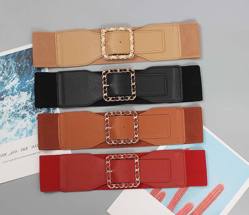 ベルト レディース ゴムベルト チェーン飾りスクエアバックルベルト