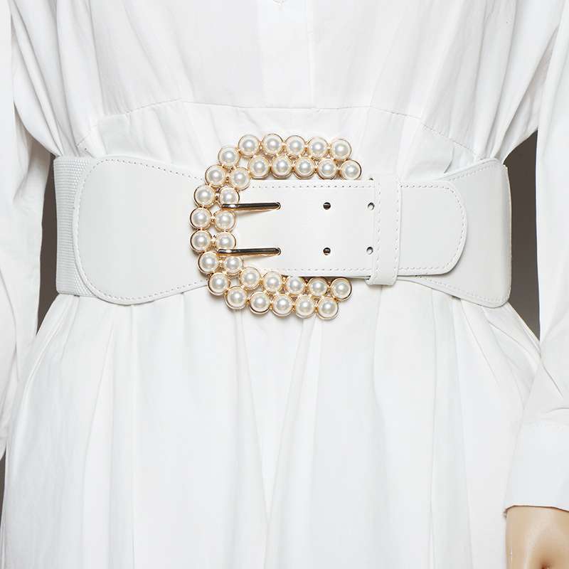 ベルト レディース ゴムベルト 真珠飾りバックルのウエストベルト