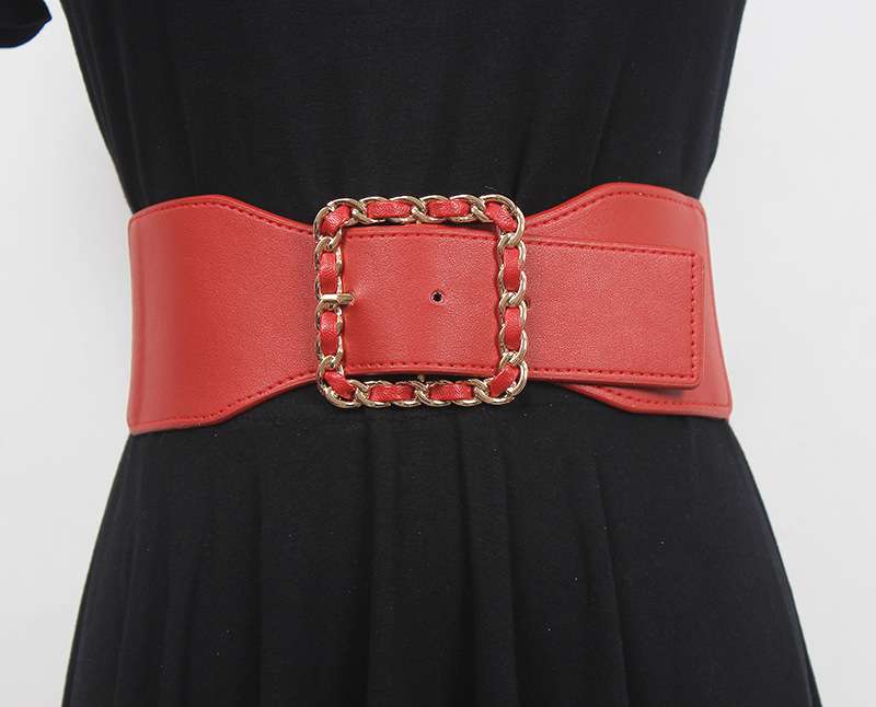 ベルト レディース ゴムベルト チェーン飾りスクエアバックルベルト