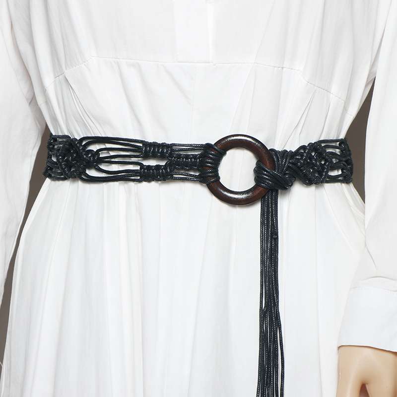 ベルト レディース メッシュベルト マクラメ編みウッドリングベルト