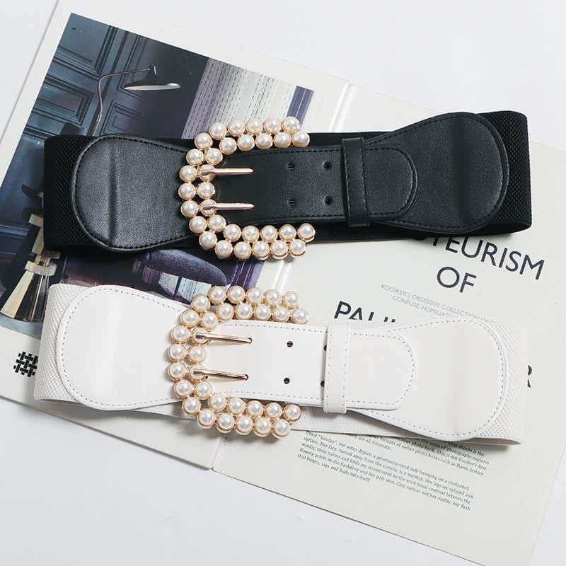 ベルト レディース ゴムベルト 真珠飾りバックルのウエストベルト