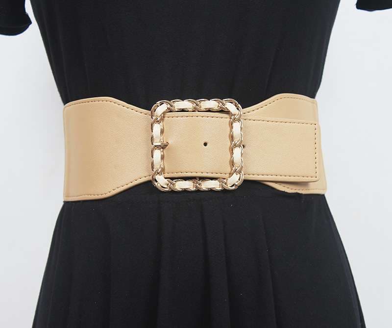 ベルト レディース ゴムベルト チェーン飾りスクエアバックルベルト