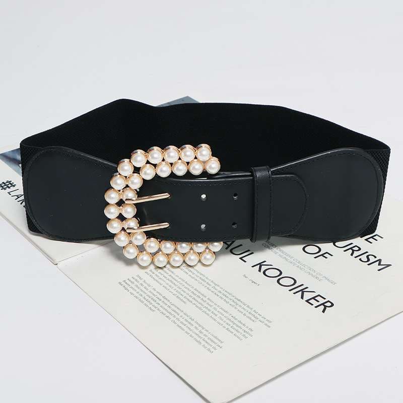 ベルト レディース ゴムベルト 真珠飾りバックルのウエストベルト