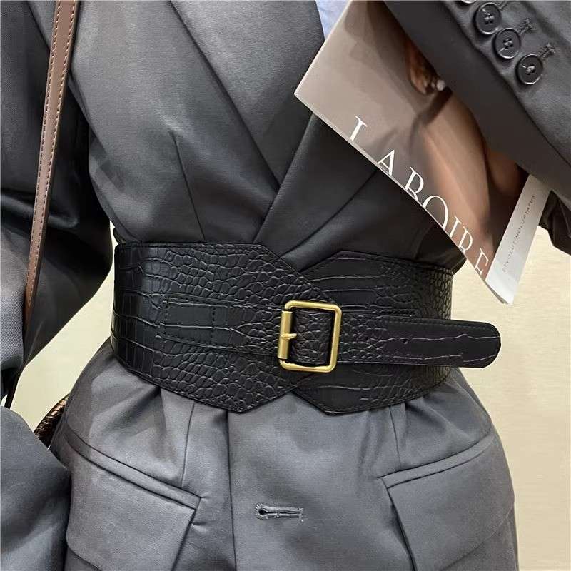 ベルト レディース ゴムベルト クロコ型押しワイドコルセットベルト