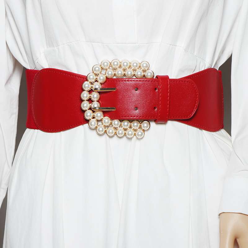 ベルト レディース ゴムベルト 真珠飾りバックルのウエストベルト