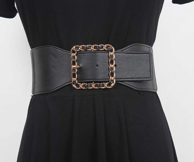 ベルト レディース ゴムベルト チェーン飾りスクエアバックルベルト