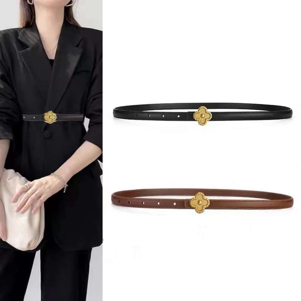 ベルト レディース レザーベルト 華やかな四つ葉モチーフのスリムベルト