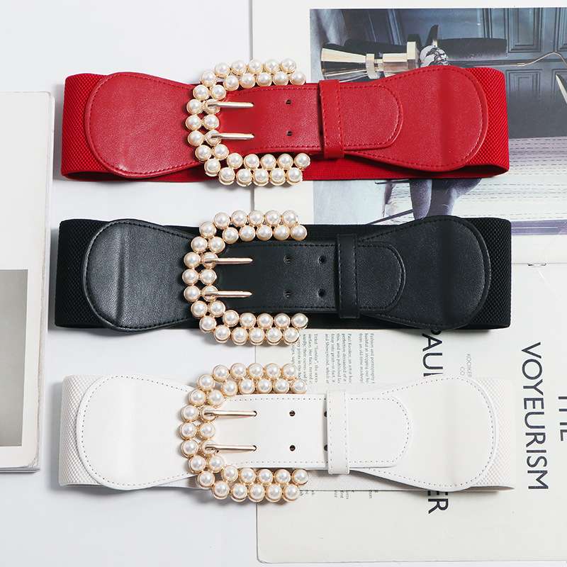 ベルト レディース ゴムベルト 真珠飾りバックルのウエストベルト