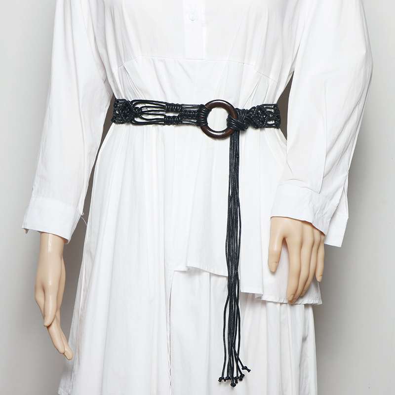 ベルト レディース メッシュベルト マクラメ編みウッドリングベルト